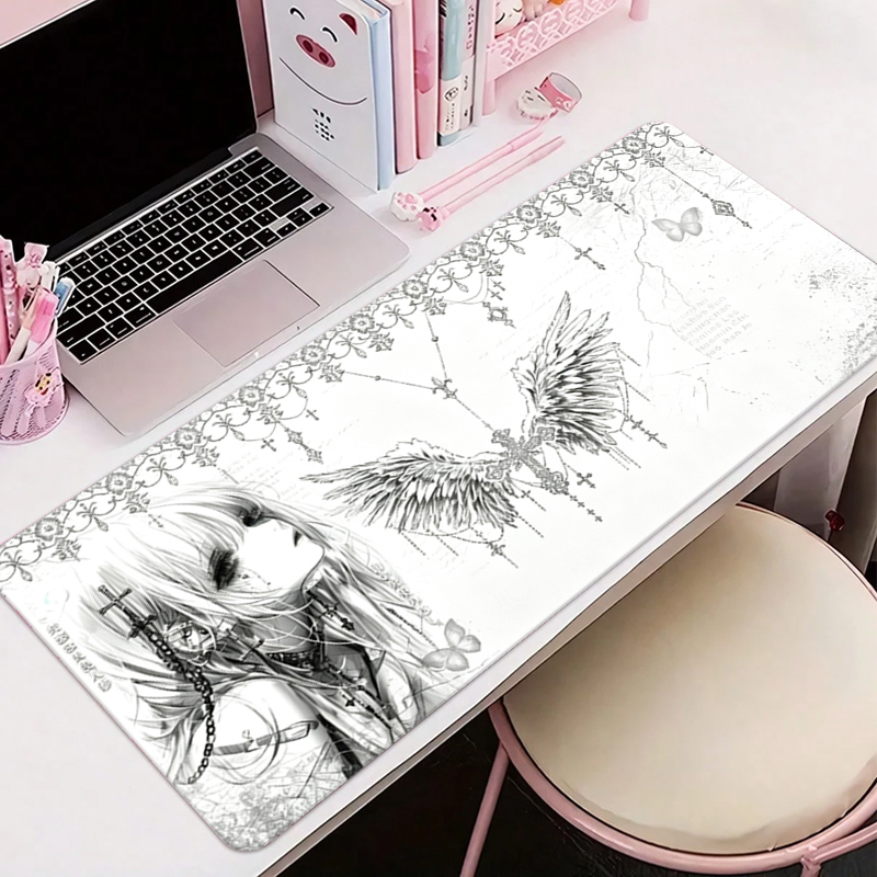 Tech Accessories Desk - แผ่นรองเมาส์หนังสีดำสีขาวอะนิเมะความงามของสาวนางฟ้าแผ่นรองเมาส์อุปกรณ์สำนักงานคีย์บอร์ดเกมพีซีอีสปอร์ต HD แผ่นรองโต๊ะ